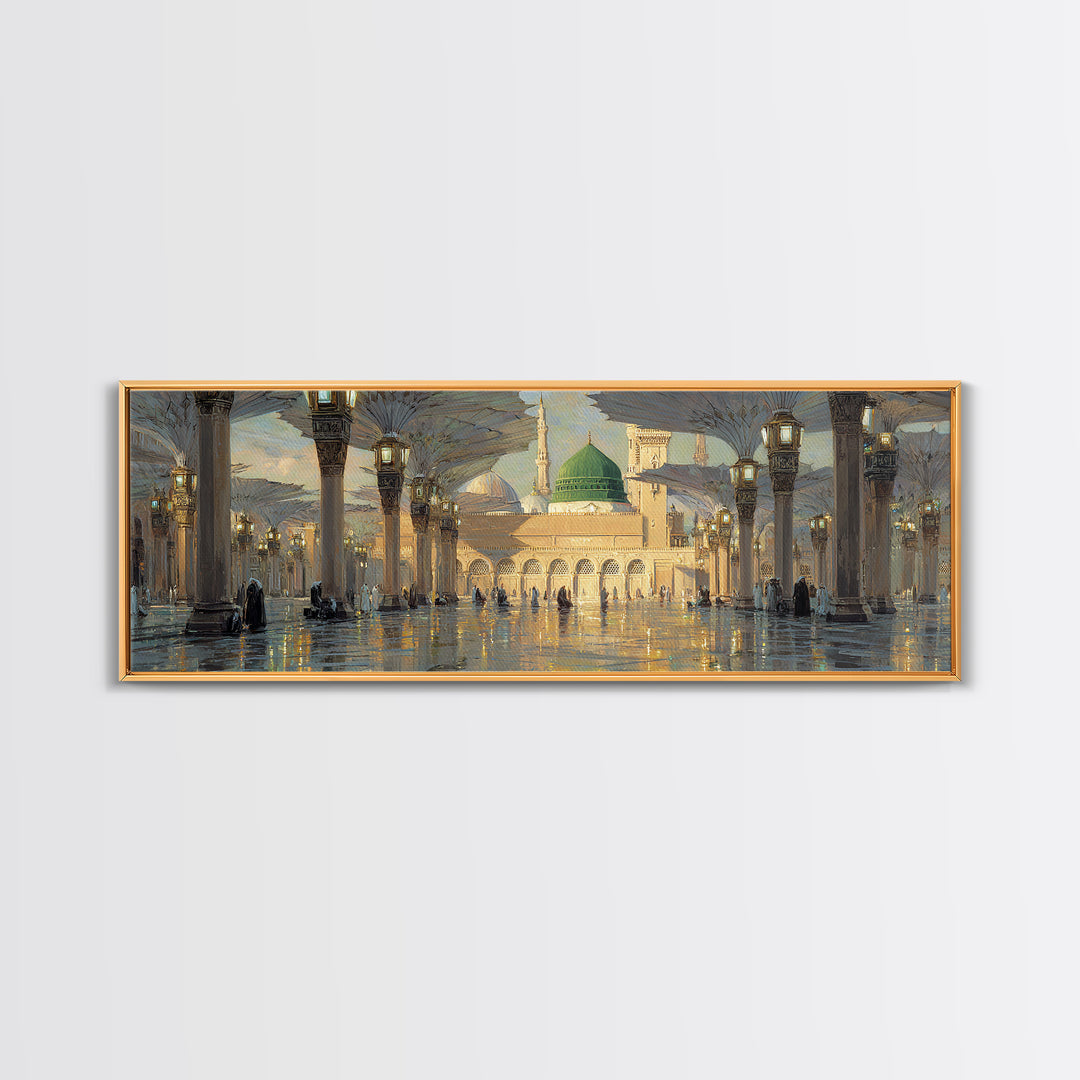 Ornate Mosque Interior With Illuminated Columns And Green Dome Wall Art Canvas Print Featuring Traditional Islamic Architecture And Spiritual Ambiance