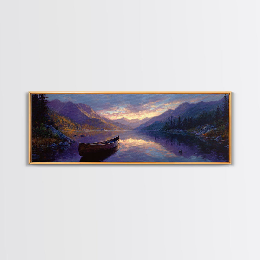 Serene Mountain Lake Landscape With Canoe Oil Painting Framed Canvas Print Large Wall Art For Living Room Decor