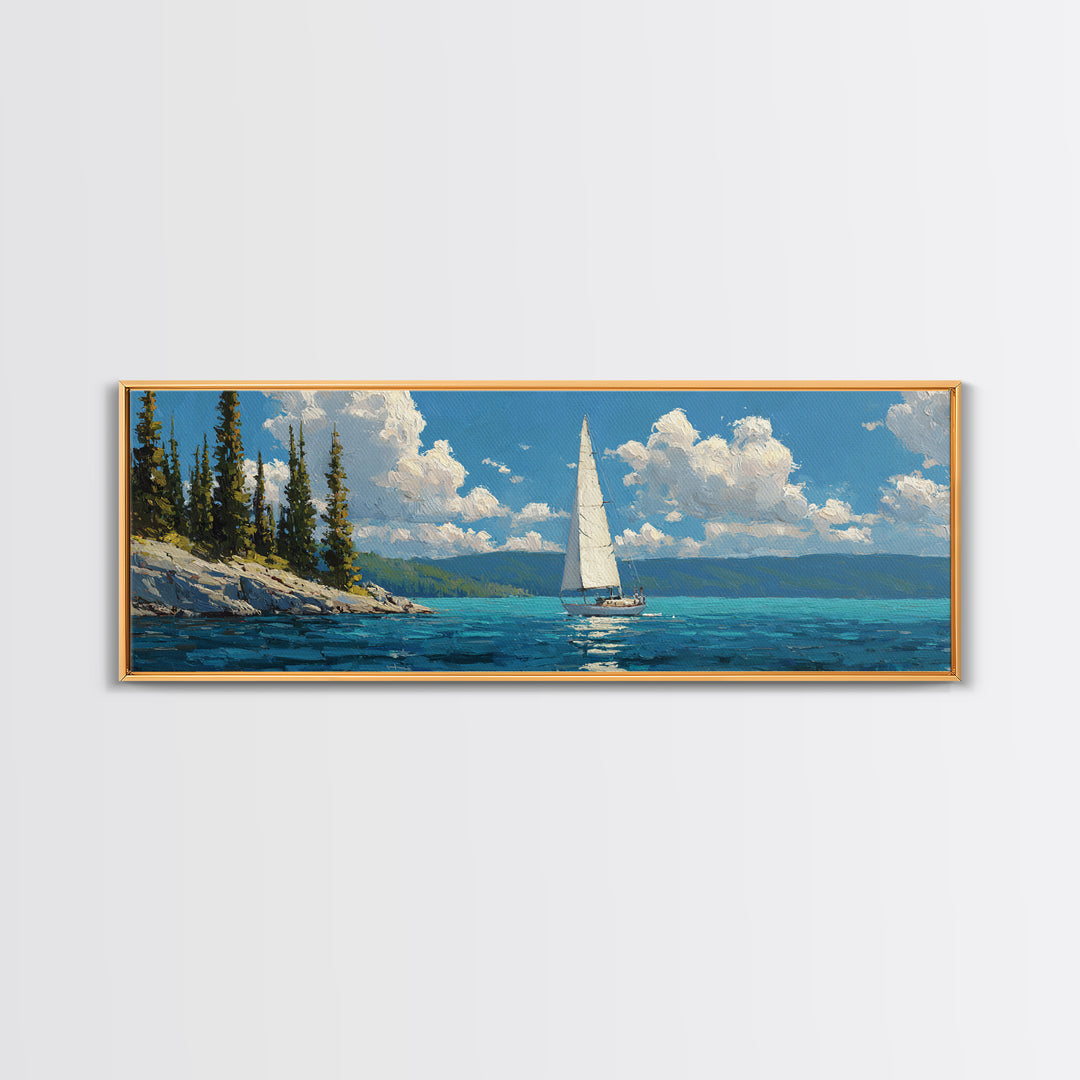 Sailboat At Sea Blue Water Maritime Painting Canvas Print Wall Art For Coastal Home Decor And Nautical Wall Decoration