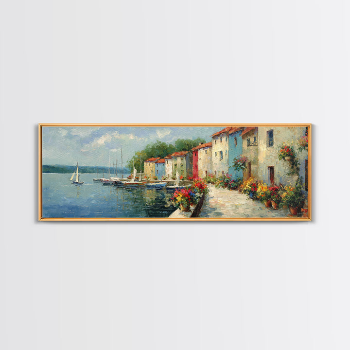 Classic Mediterranean Coastal Village With Colorful Buildings And Boats Oil Painting Canvas Print For Rustic Wall Art