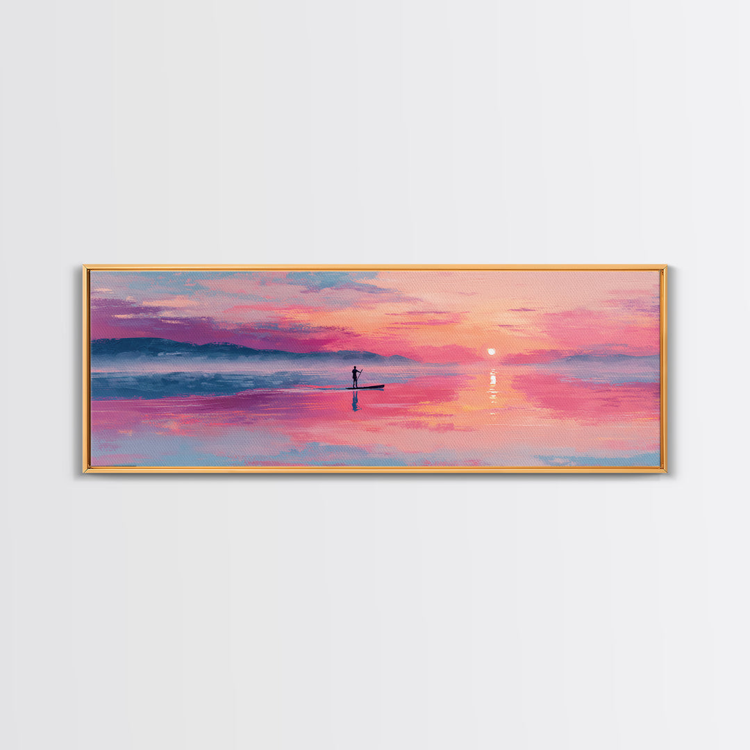 Serene Paddleboarder At Sunset With Pink Purple Sky Wall Art Canvas Print For Coastal Home Decor