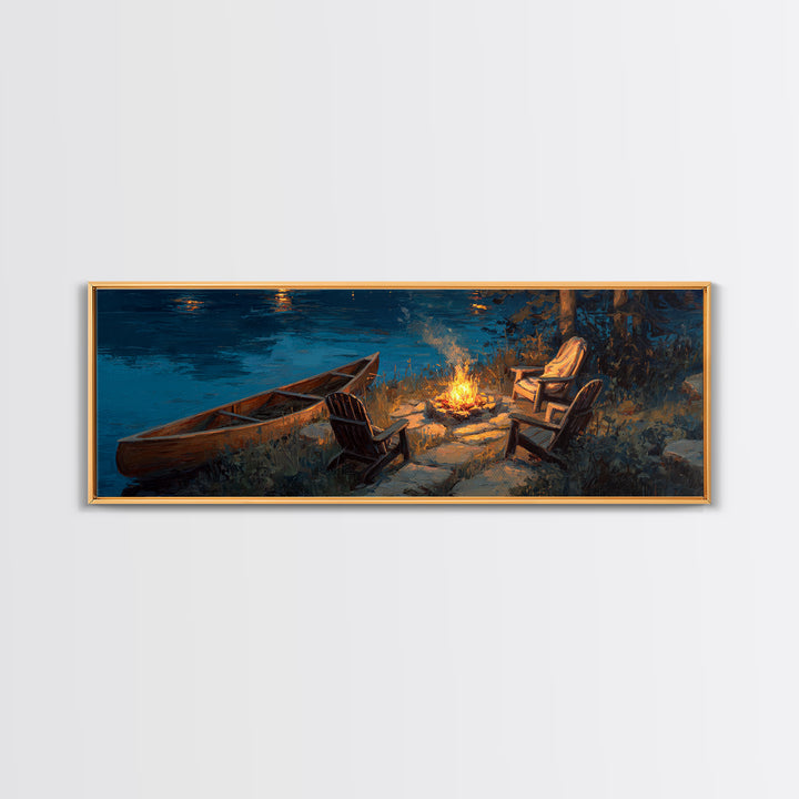 Tranquil Lakeside Campfire Scene With Chairs And Canoe Wall Art Canvas Print For Cozy Home Decor Rustic Bedroom Gift Ideas
