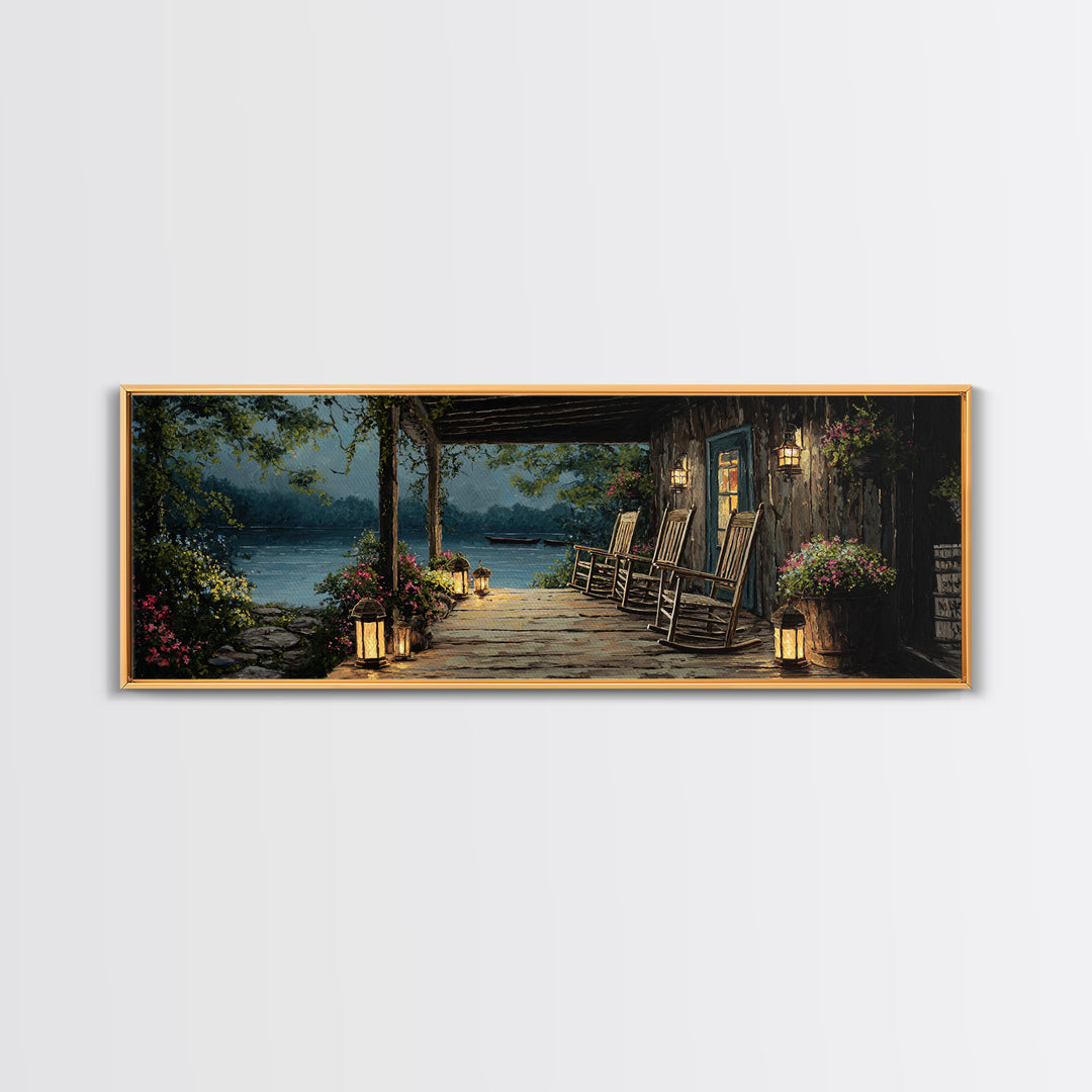 Cozy Lakeside Porch At Twilight Featuring Rocking Chairs And Lanterns Wall Art Perfect For Rustic Home Decor And Living Room
