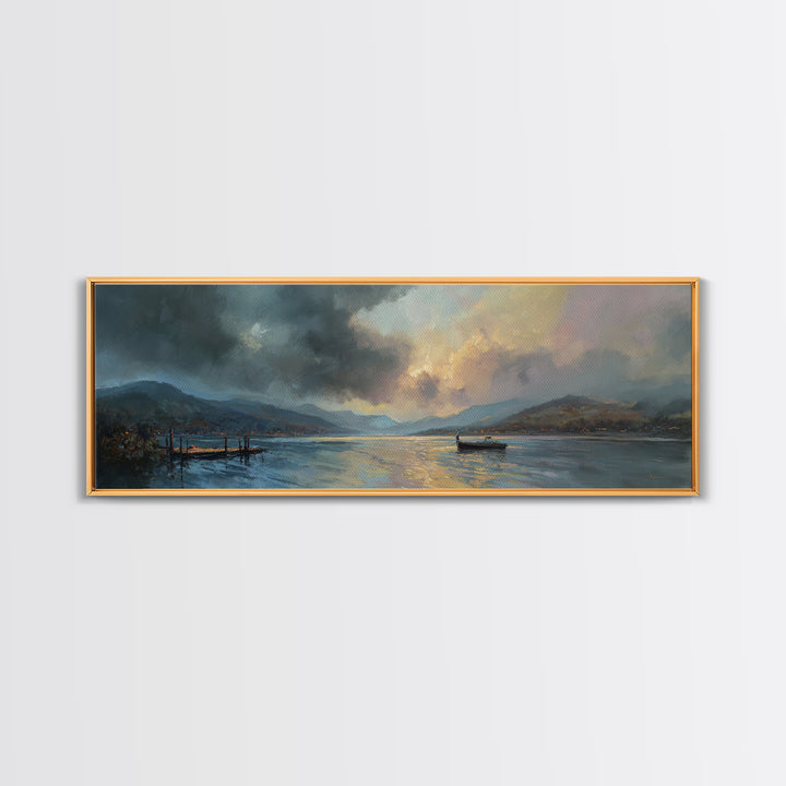 Atmospheric Lake At Dusk With Glowing Sky And Mountain Silhouette Canvas Print Modern Landscape Wall Art For Elegant Home Decor