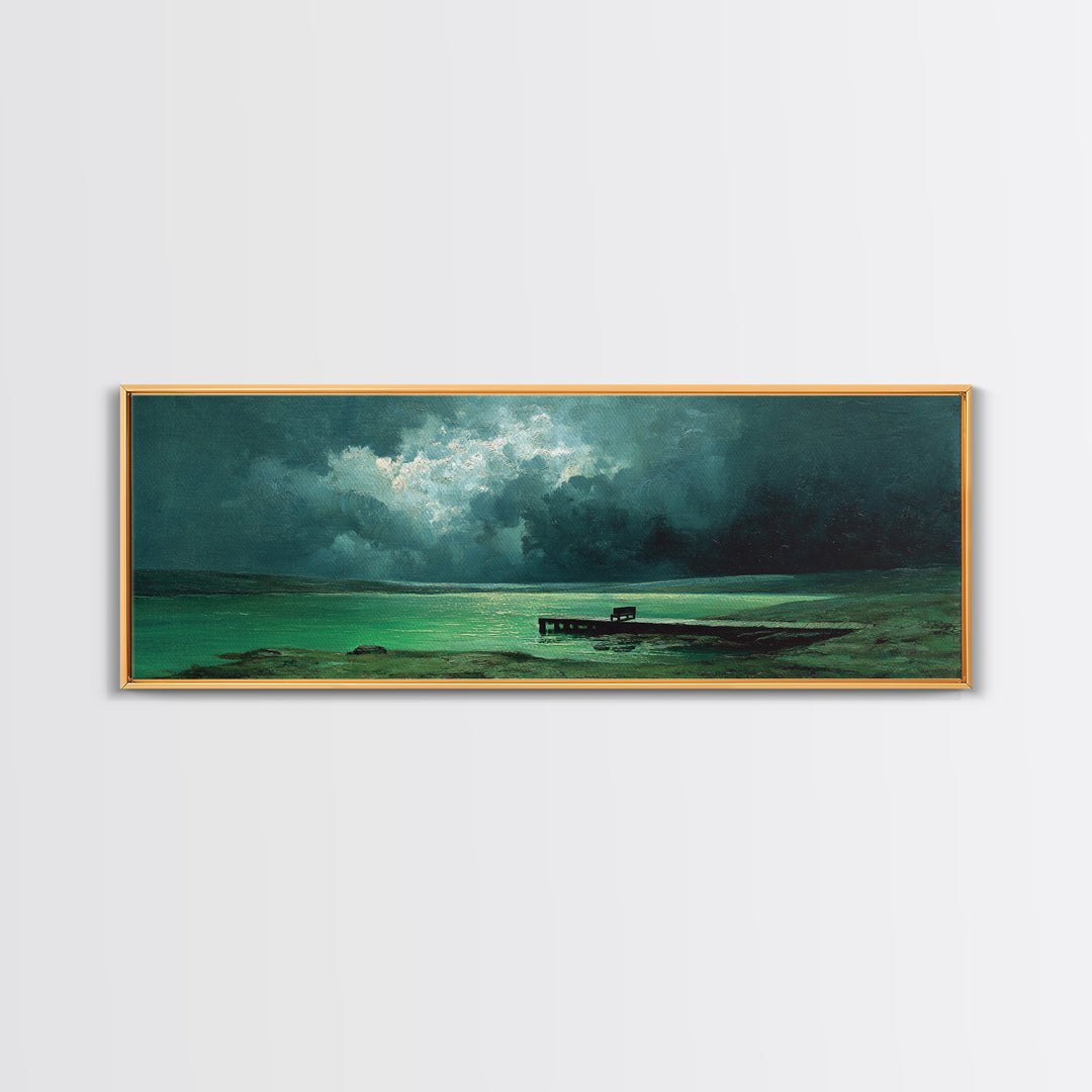 Moody Green Lakeside Dock Morning Mist Oil Landscape Painting Wall Art Canvas Print For Forest And Nature Home Decor