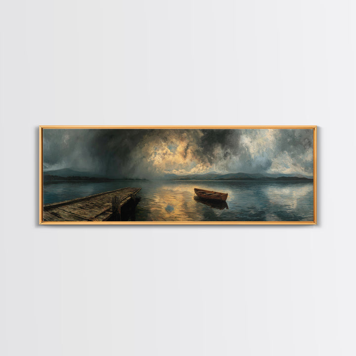 Misty Lake With Old Rowboat Wooden Dock Peaceful Landscape Print - Canvas Print, Nature Wall Art, Rustic Home Decor, Living Room Art, Gift