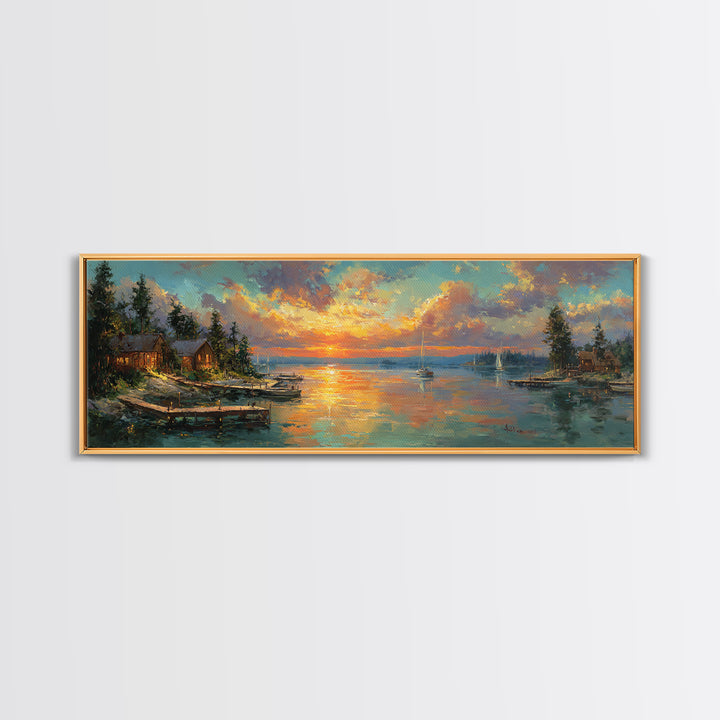 Vibrant Sunset Harbor Scene With Sailing Boats And Illuminated Dock Landscape Wall Art For Living Room And Coastal Home Decor Canvas Print
