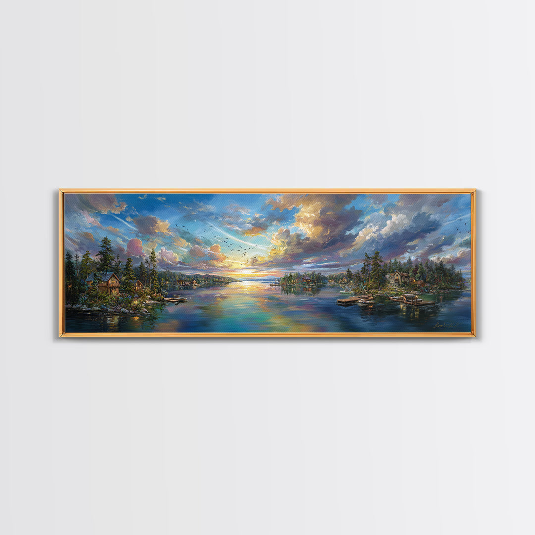 Serene Sunset Landscape Painting Wall Art Framed Canvas Print Vibrant Nature Scene With Lake And Mountains Home Decor