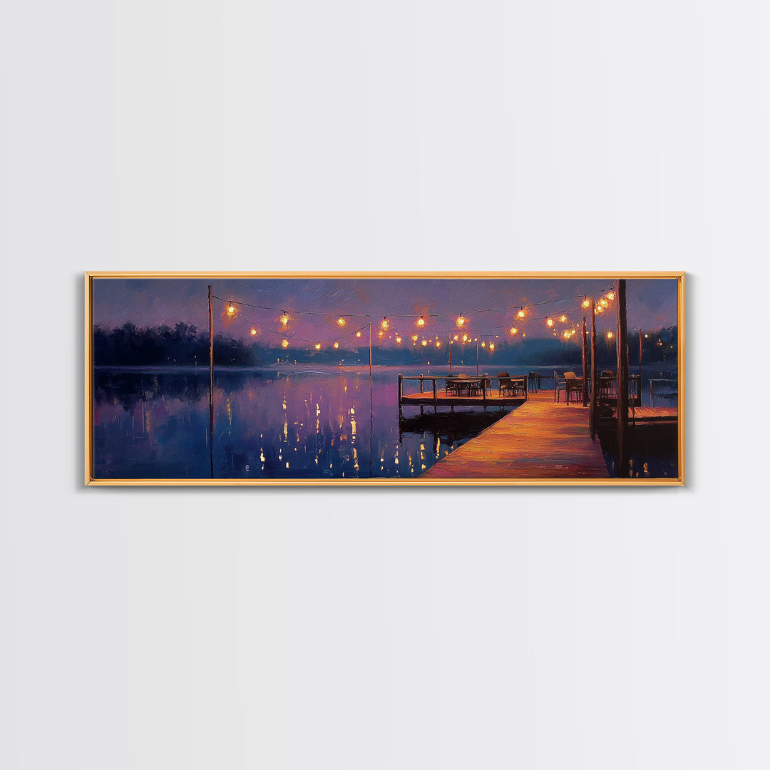 Cozy Lakeside Evening With Warm Lights Over Water - Serene Landscape Wall Art Framed Canvas Print For Relaxing Home Decor