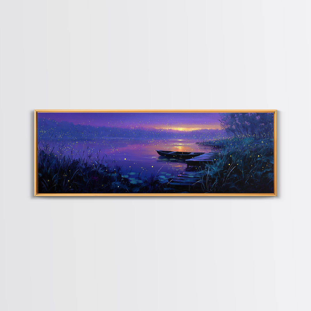 Serene Nighttime Lake Scene With Boat And Fireflies Peaceful Landscape Wall Art Canvas Print