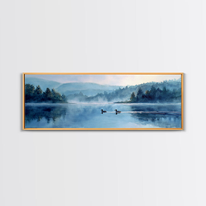 Mystical Lakeside Scene With Two Loons Swimming Among Misty Trees Watercolor Painting Canvas Print For Nature Wall Art