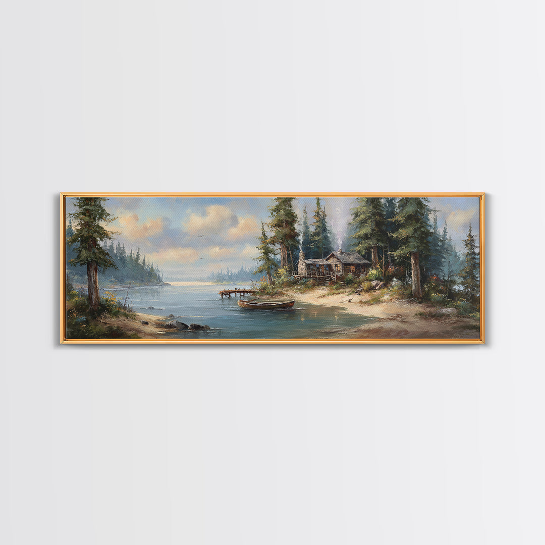 Rustic Cabin By The Lake Painting In A Serene Forest Landscape Wall Art Framed Canvas Print Nature Home Decor