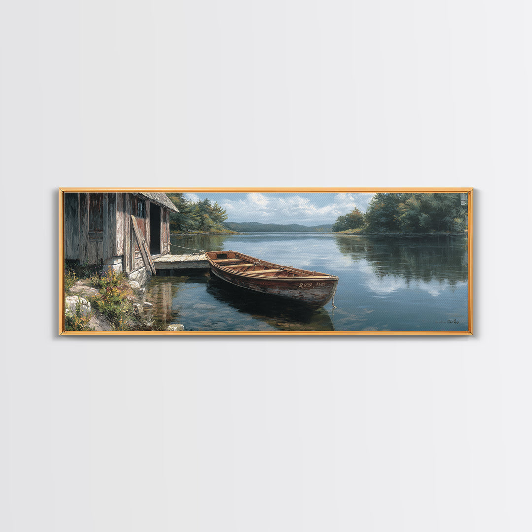 Tranquil Lakeside Rowboat Calm Water Reflection Painting - Serene Nature Wall Art Framed Canvas Print For Rustic Home Decor