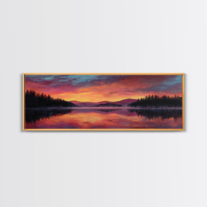 Calm Lake And Canoe At Sunrise With Soft Light Framed Canvas Print Nature Wall Art For Bedroom Decor