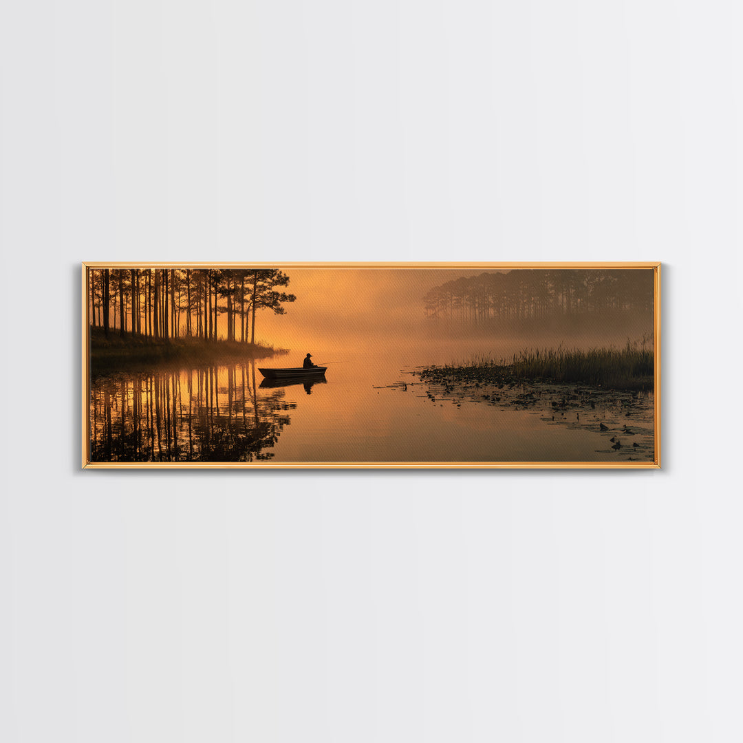 Peaceful Fisherman On Misty Lake At Sunrise Nature Wall Art Canvas Print For Tranquil Living Room Decor