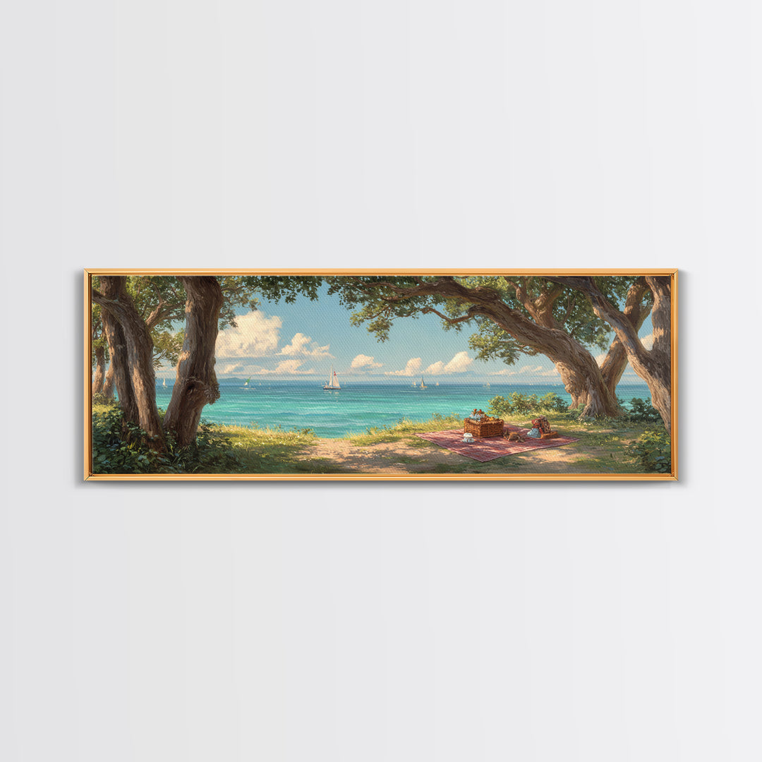 Coastal Picnic Scene With Tranquil Blue Ocean And Sailboats Under Trees - Serene Wall Art Framed Canvas Print For Home Decor