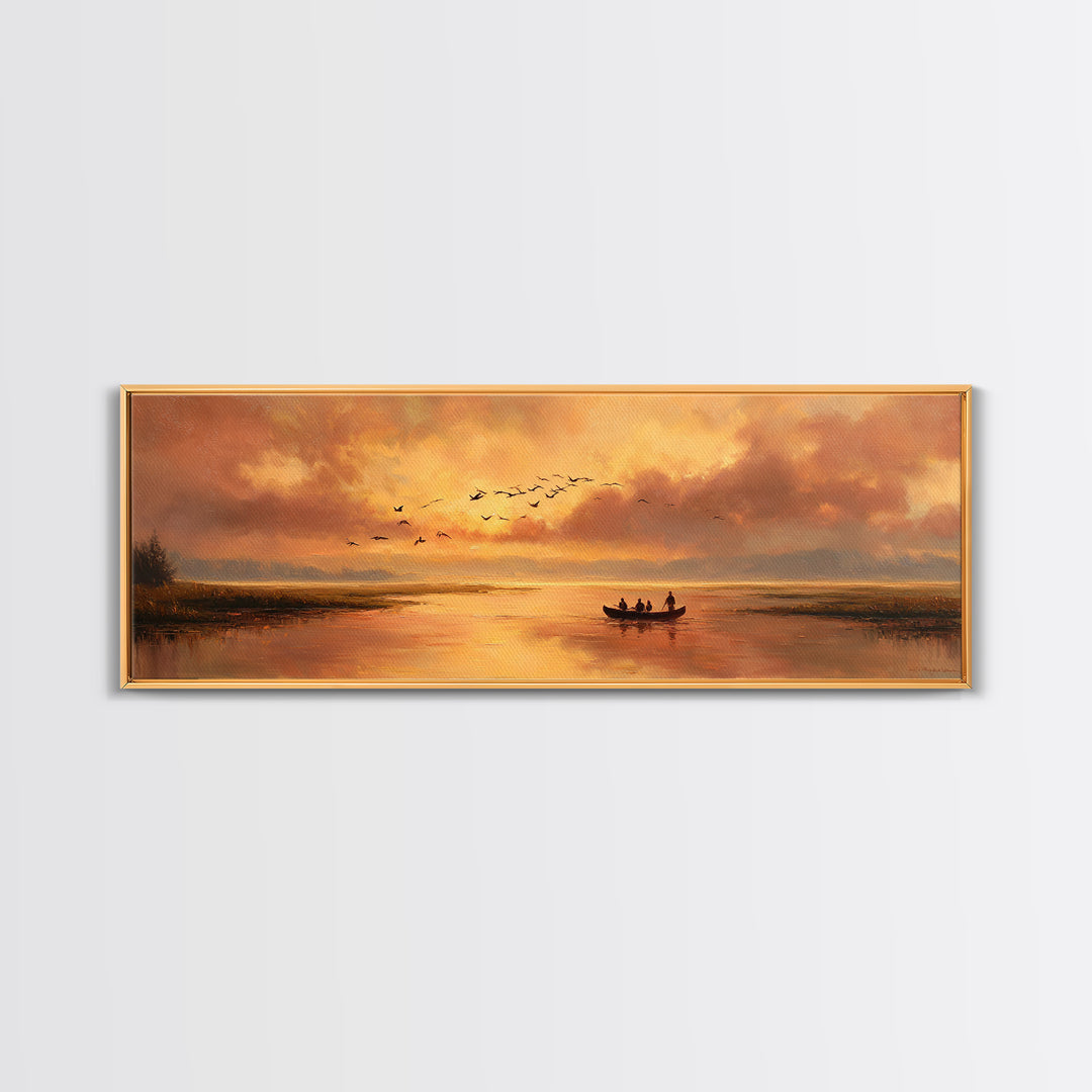 Majestic Canvas Print Featuring Golden Light Over Calm River With Silhouetted Boat Serene Landscape Art For Living Room Home Decor And Tranquil Spaces