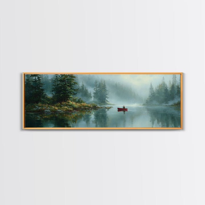 Peaceful Canoeist On Misty River Reflecting Mountain Landscape Wall Art Fine Art Canvas Print For Living Room