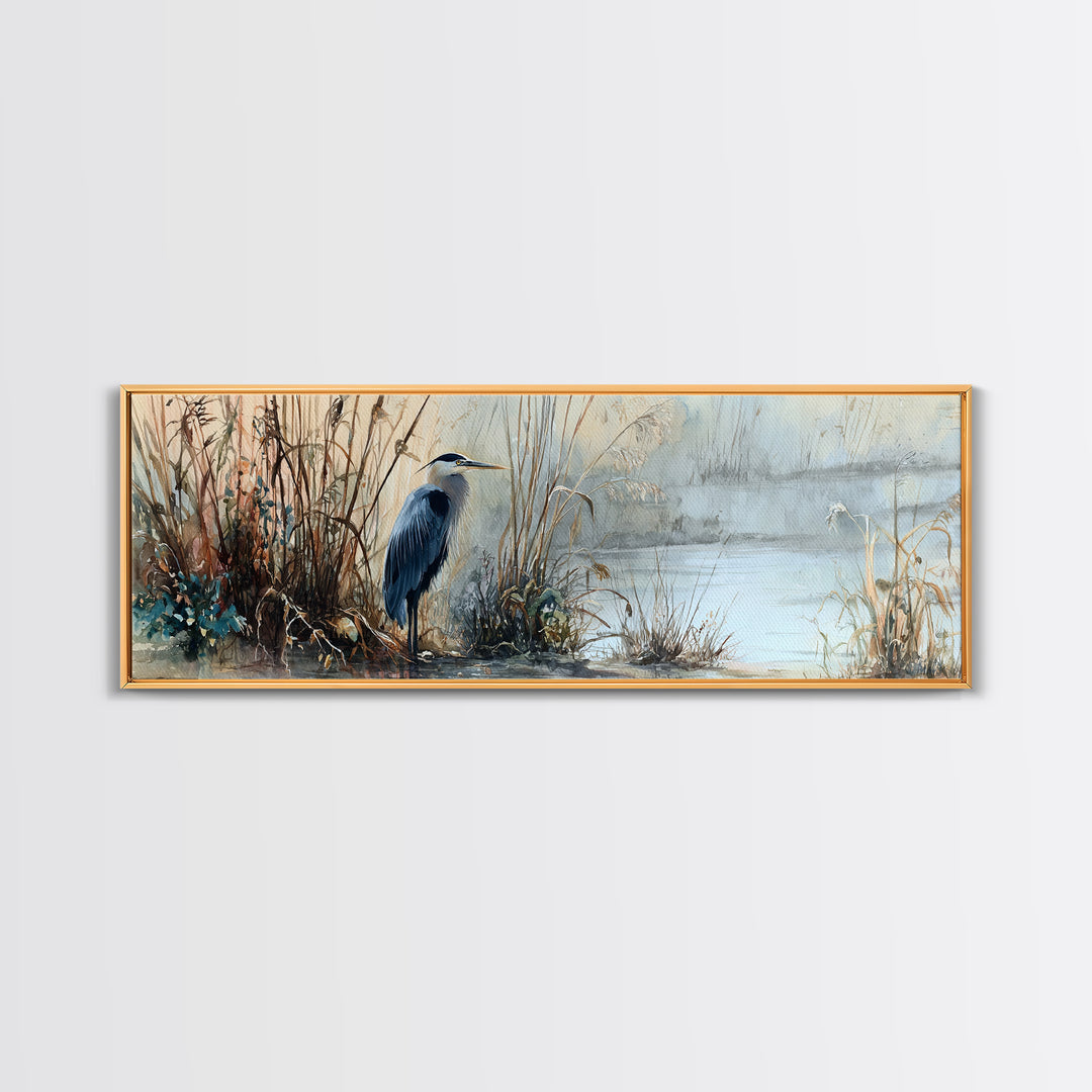 Detailed Watercolor Painting Of Heron By Misty Lakeside Capturing Serene Nature Wall Art Print