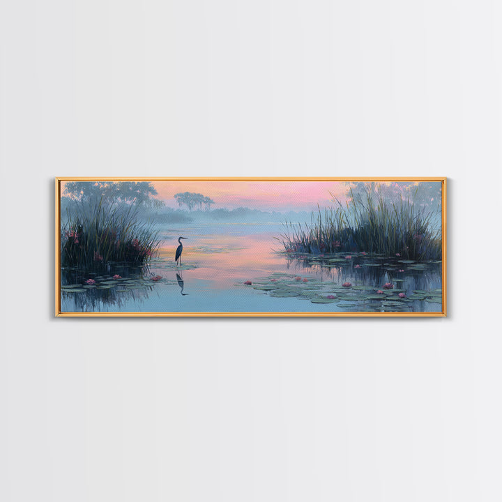 Tranquil Wetland Scene With Heron Standing Among Lilies At Sunrise Wall Art Canvas Print For Bedroom Decor