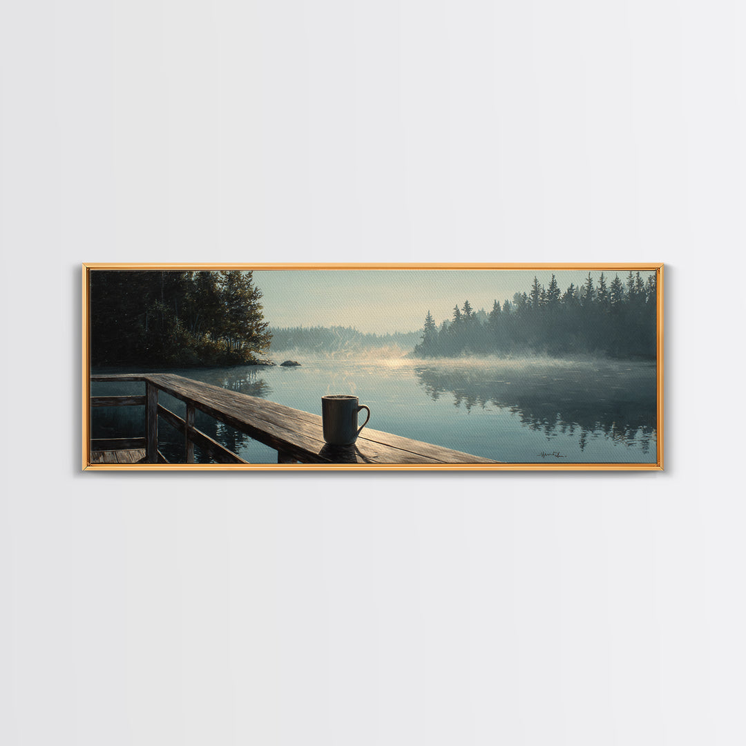Calm Morning Lake View With Pier And Rising Mist Landscape Painting Wall Art Canvas Print Large Decor For Rustic Home And Cabin