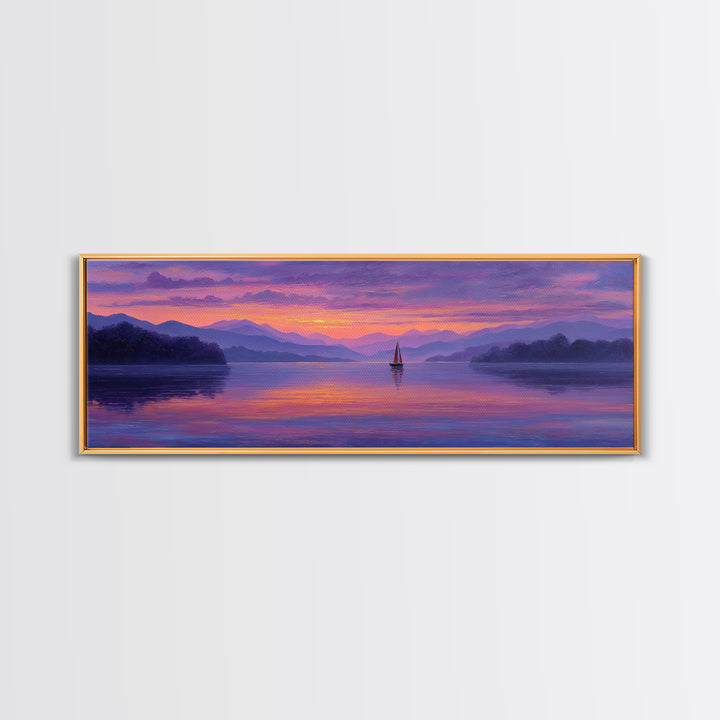 Serene Sunset Lake Landscape With Sailboat And Purple Mountains Painting Wall Art Framed Canvas Print For Tranquil Living Room Decor And Nature Lovers