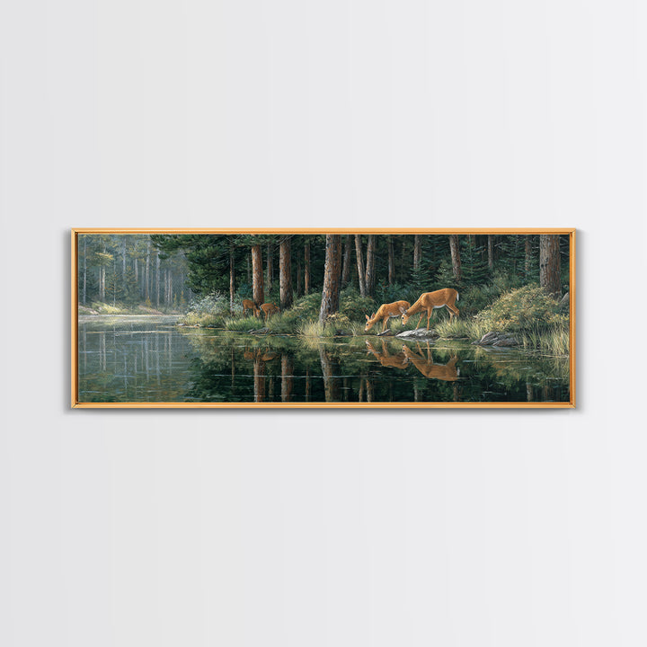 Peaceful Forest Scene With Deer Drinking By The Stream Reflective Nature Wall Art For Living Room Decor Framed Canvas Print