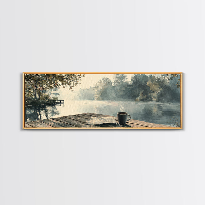 Misty Lakeside Dock Coffee Morning Wall Art, Horizontal Landscape Canvas, Cozy Cabin Decor, Lake House Living Room Print