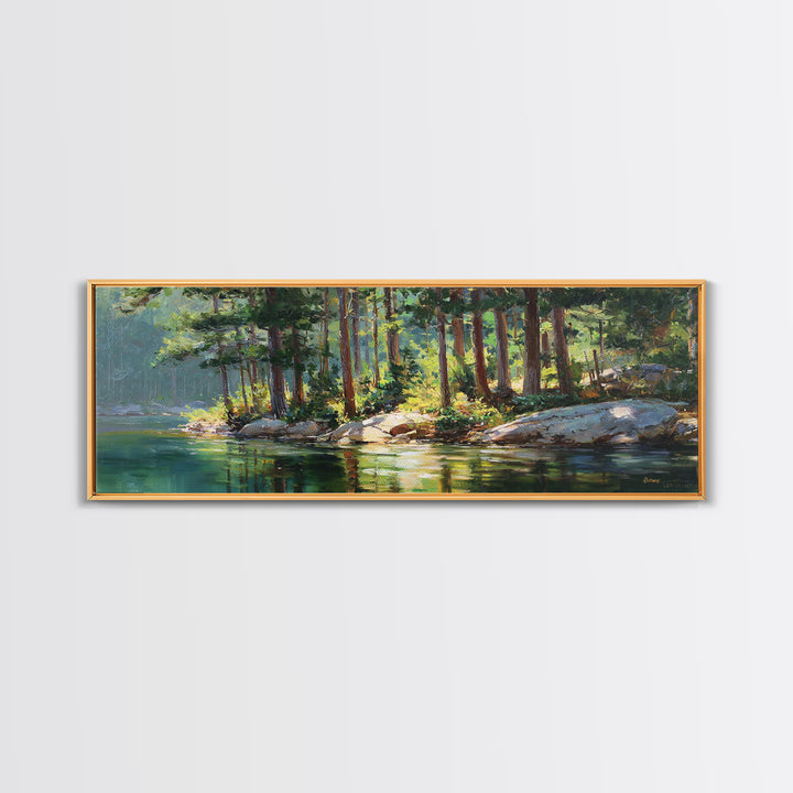 Sunlit Pine Lake Shore Wall Art, Forest Landscape Canvas Print, Nature Wall Decor, Cabin Decor, Large Horizontal Art, Living Room Decor