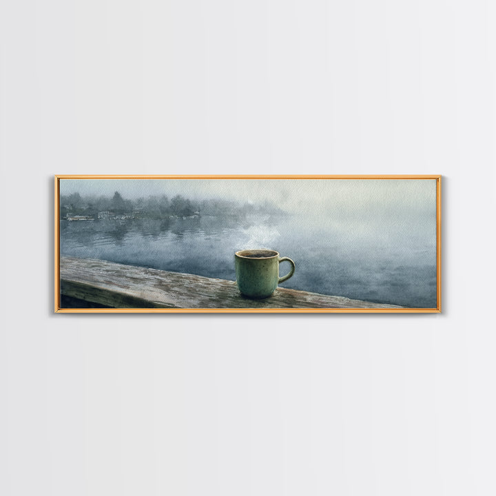 Steaming Coffee Mug On Misty Lake Wall Art, Cozy Cabin Decor, Coffee Bar Print, Rustic Kitchen Art, Serene Morning Landscape