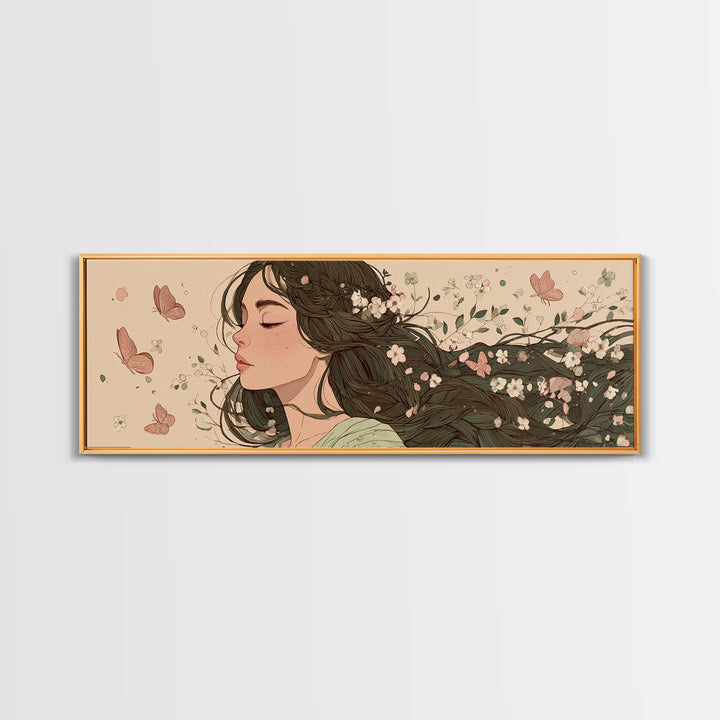 Dreamy Woman With Flowing Hair And Blossoms Canvas Print, Feminine Wall Art, Whimsical Botanical Bedroom Decor Gift For Her