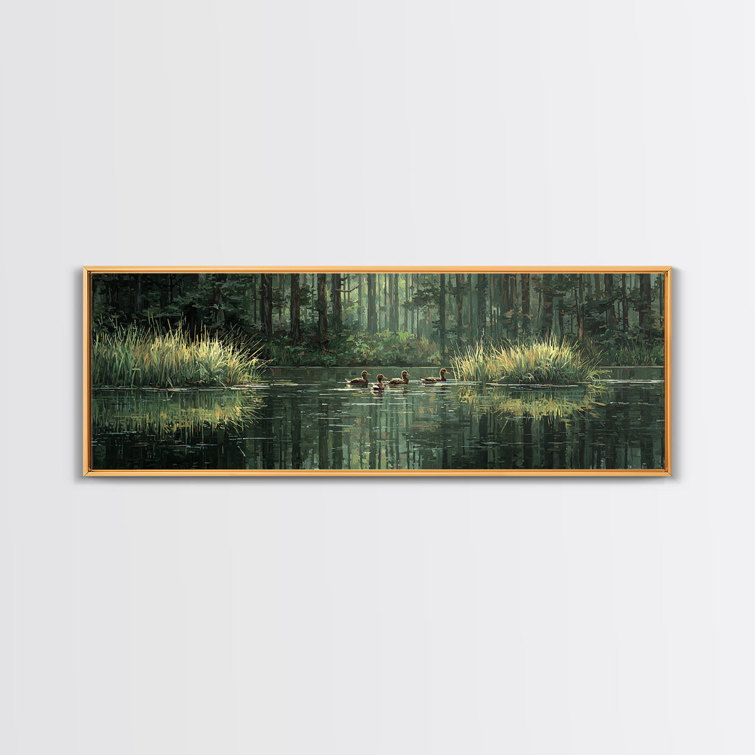 Quiet Forest Pond With Ducks Framed Canvas Print, Nature Wall Art, Rustic Cabin Decor, Green Landscape For Living Room Decor