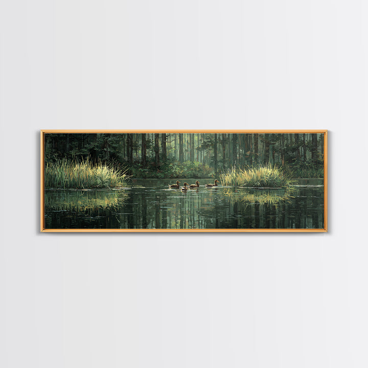 Quiet Forest Pond With Ducks Framed Canvas Print, Nature Wall Art, Rustic Cabin Decor, Green Landscape For Living Room Decor