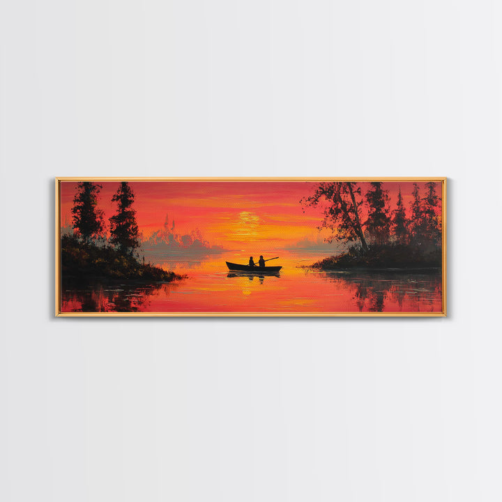 Orange Sunset Canoe Lake Wall Art, Romantic Nature Painting, Cabin Wall Art, Rustic Home Decor, Living Room Landscape Print
