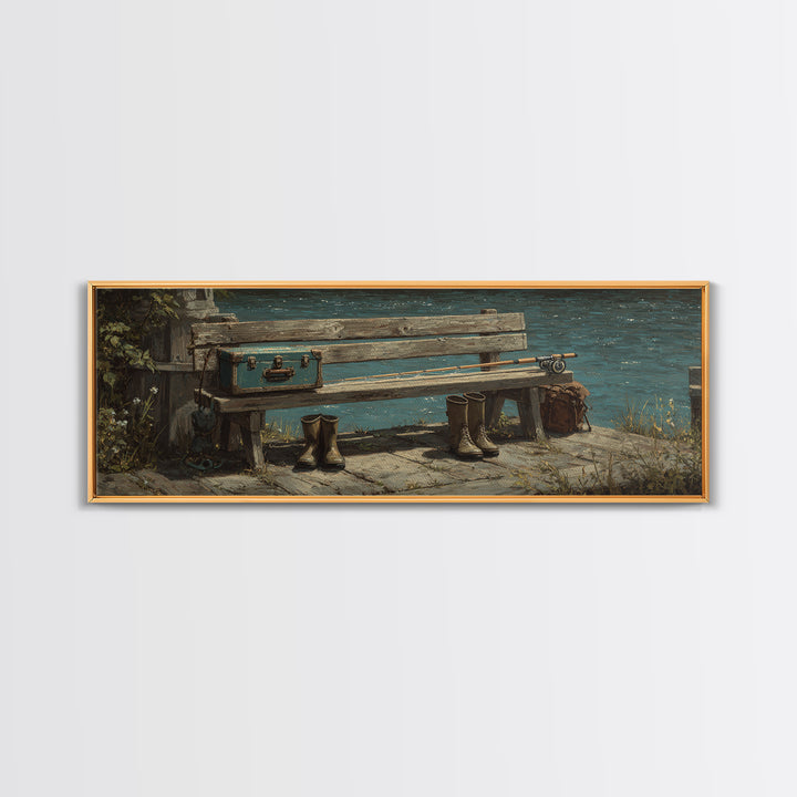 Weathered Lakeside Bench With Boots Canvas Print, Rustic Lake House Wall Art, Fishing Cabin Decor, Moody Landscape Gift For Him