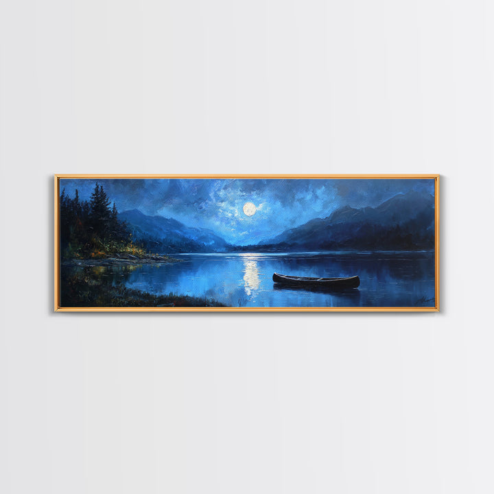 Moonlit Blue Lake Canoe Canvas Print, Moody Landscape Wall Art, Mountain Lake Decor, Cabin Wall Decor, Peaceful Nature Art