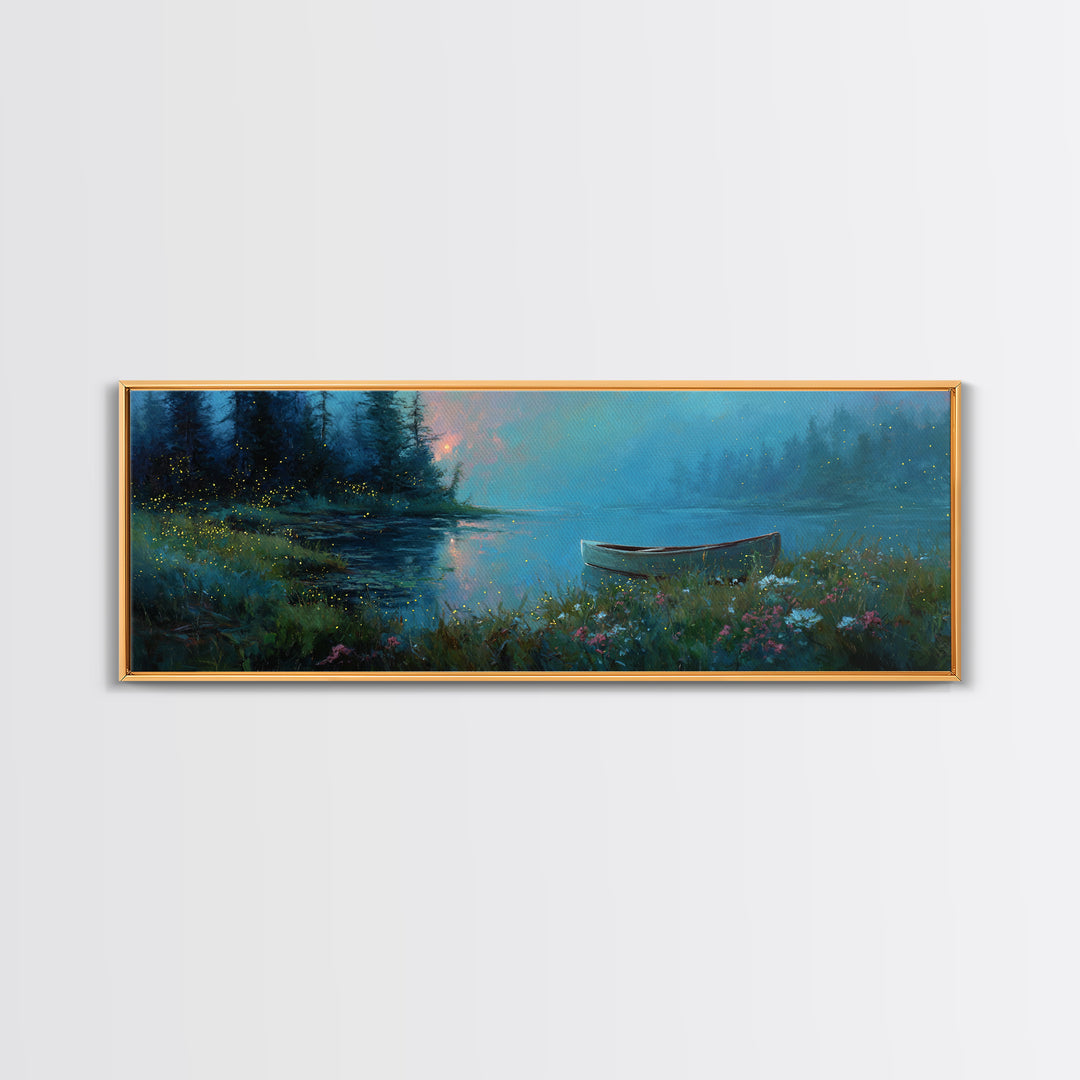 Twilight Canoe Lake Wall Art, Blue Forest Landscape Canvas Print, Wildflower Nature Decor, Cozy Cabin Living Room Gift For Her