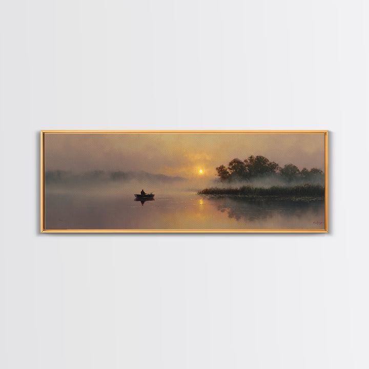 Misty Lake Sunrise With Rowboat Framed Canvas Print, Serene Marsh Landscape Wall Art, Rustic Nature Decor, Peaceful Art