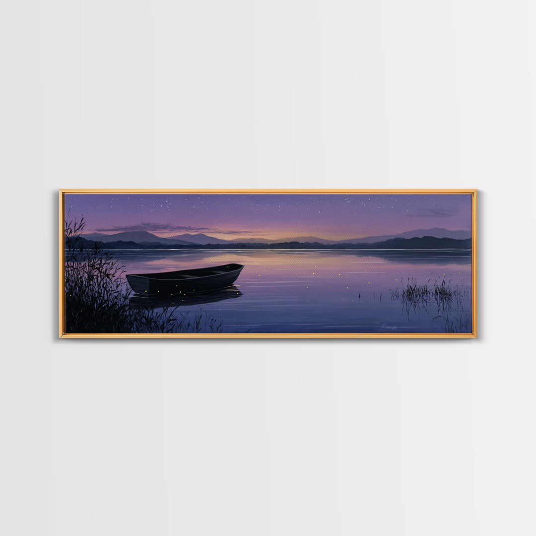Twilight Lake Boat Framed Canvas Print, Starry Purple Mountain Landscape, Peaceful Cabin Wall Art For Cozy Bedroom Decor