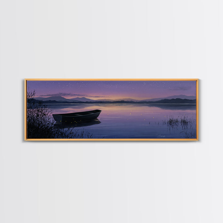 Twilight Lake Boat Framed Canvas Print, Starry Purple Mountain Landscape, Peaceful Cabin Wall Art For Cozy Bedroom Decor