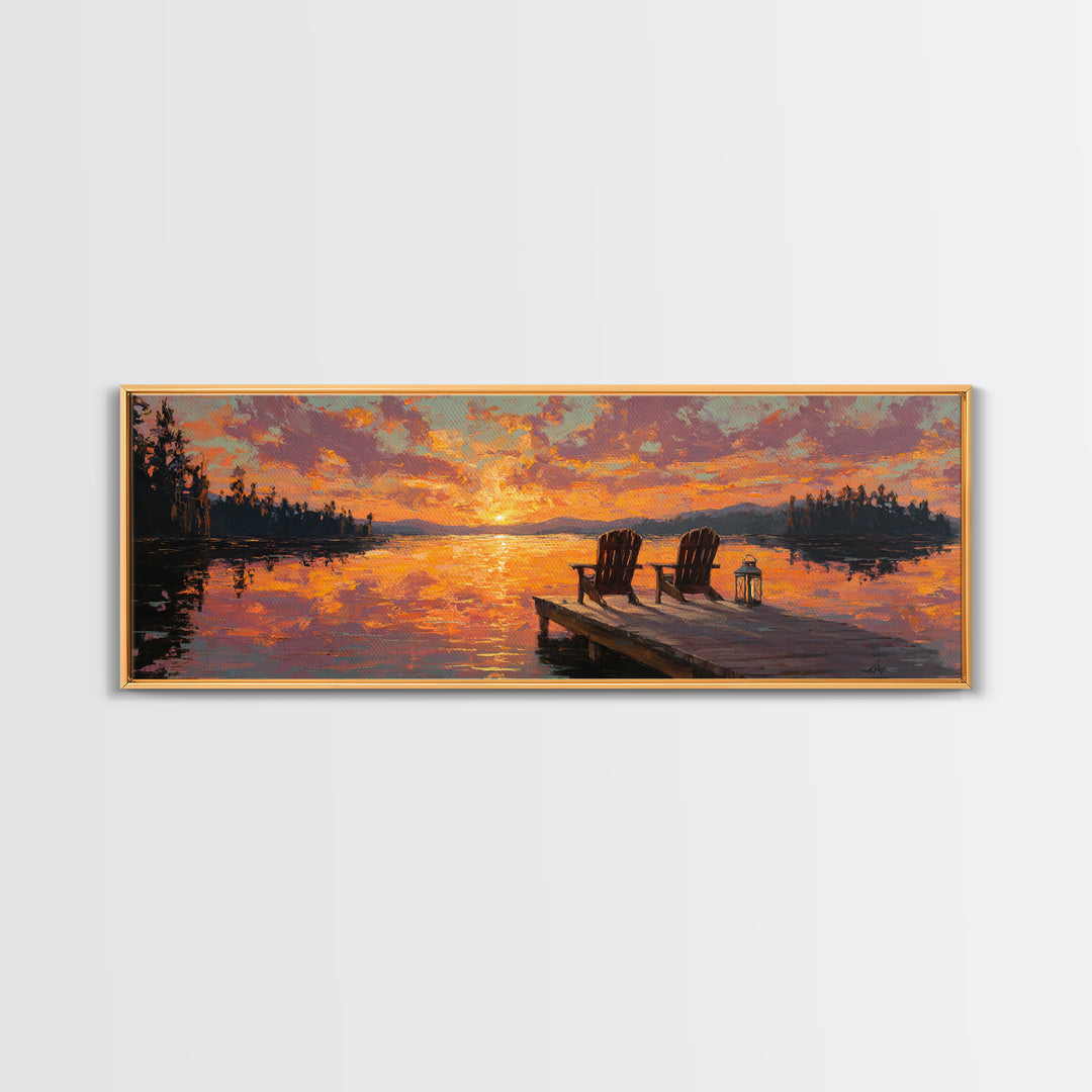 Sunset Lake Dock Chairs Wall Art, Panoramic Cabin Decor, Rustic Lake House Canvas Print, Above Bed Living Room Decor Gift