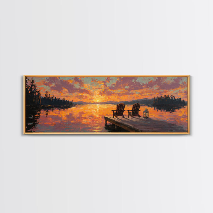 Sunset Lake Dock Chairs Wall Art, Panoramic Cabin Decor, Rustic Lake House Canvas Print, Above Bed Living Room Decor Gift