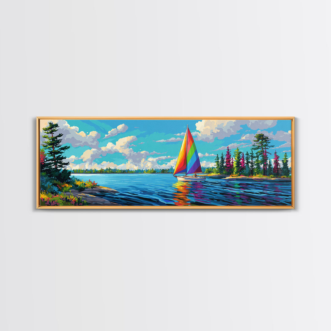 Rainbow Sailboat On Blue Lake Canvas Print, Colorful Wall Art, Coastal Decor, Nautical Poster, Lake House Living Room Art