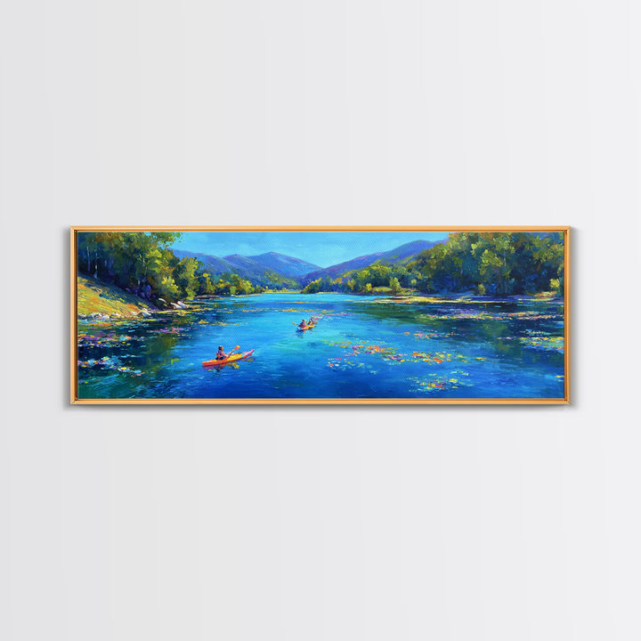 Kayakers On Blue Mountain River Wall Art, Panoramic Landscape Canvas Print, Nature Wall Decor, Living Room Art, Large Horizontal Home Decor