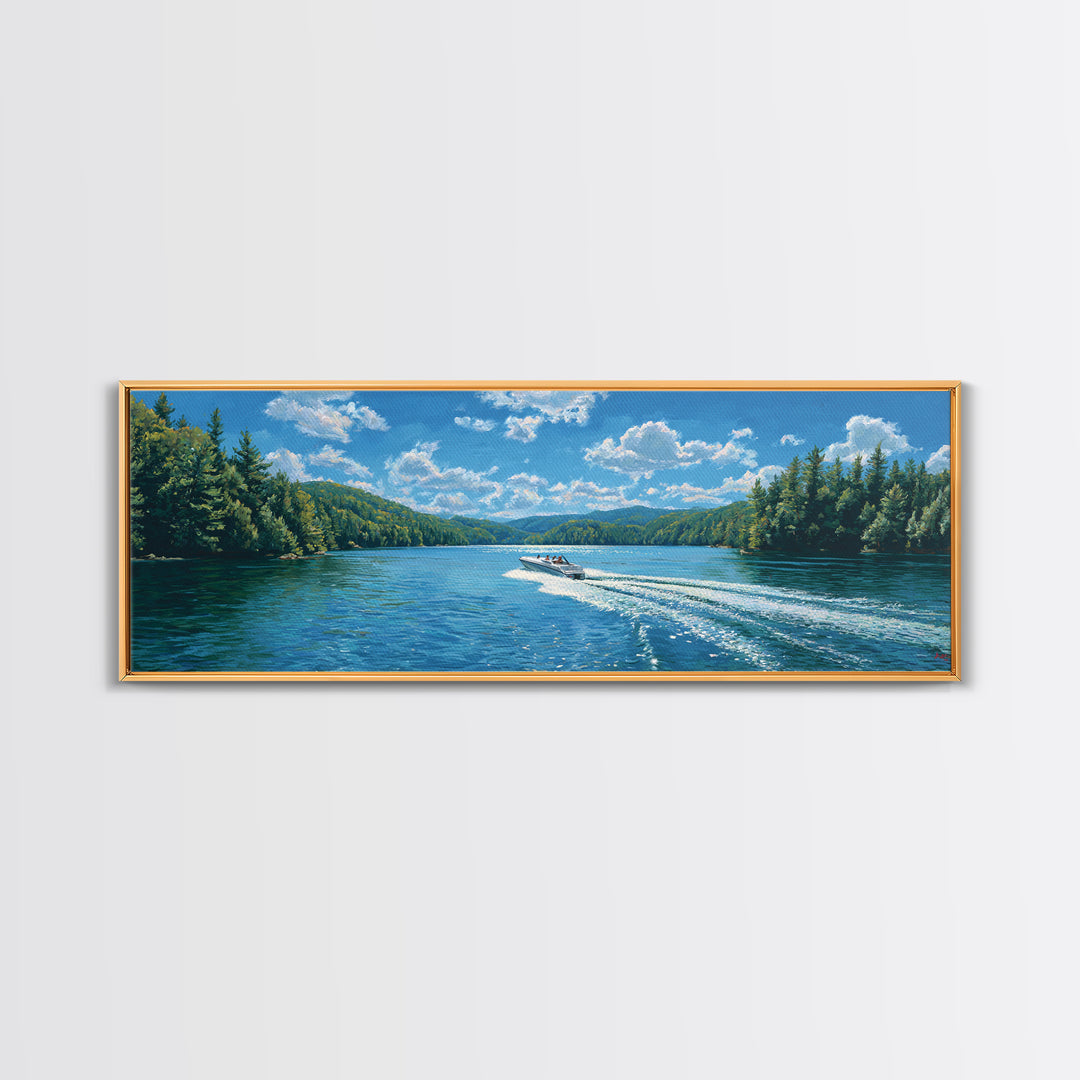 Pine Forest Lake Wall Art, Speedboat Wake Landscape Canvas Print, Lake House Decor, Nature Wall Decor, Large Wall Art Prints