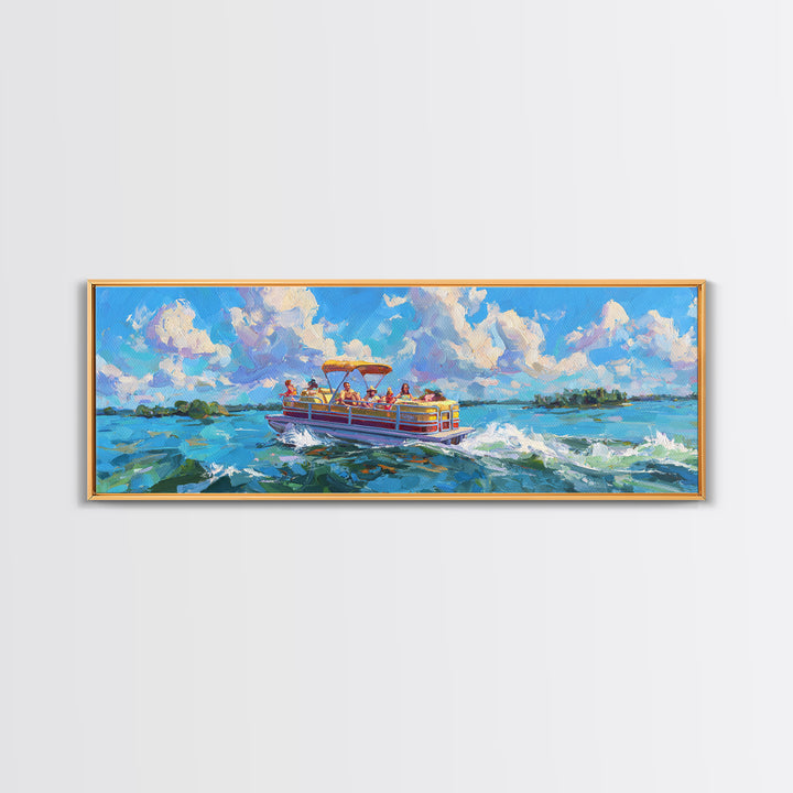 Colorful Pontoon Boat Lake Canvas Print, Coastal Wall Art, Summer Beach Decor, Nautical Landscape, Large Living Room Art