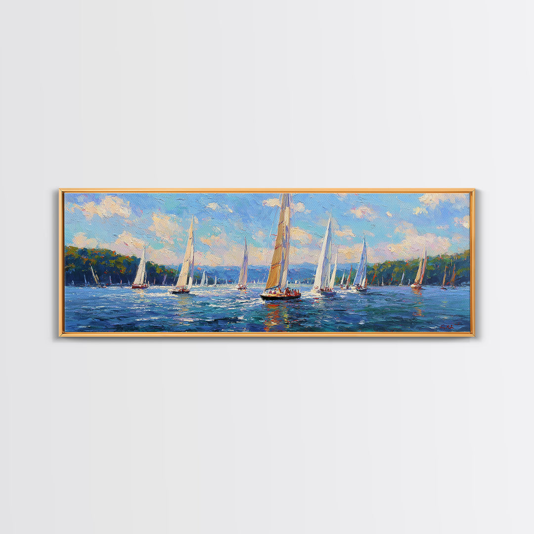 Impressionist Sailboat Regatta Canvas Print, Lake Seascape Wall Art, Nautical Coastal Decor For Living Room And Lake House Decor