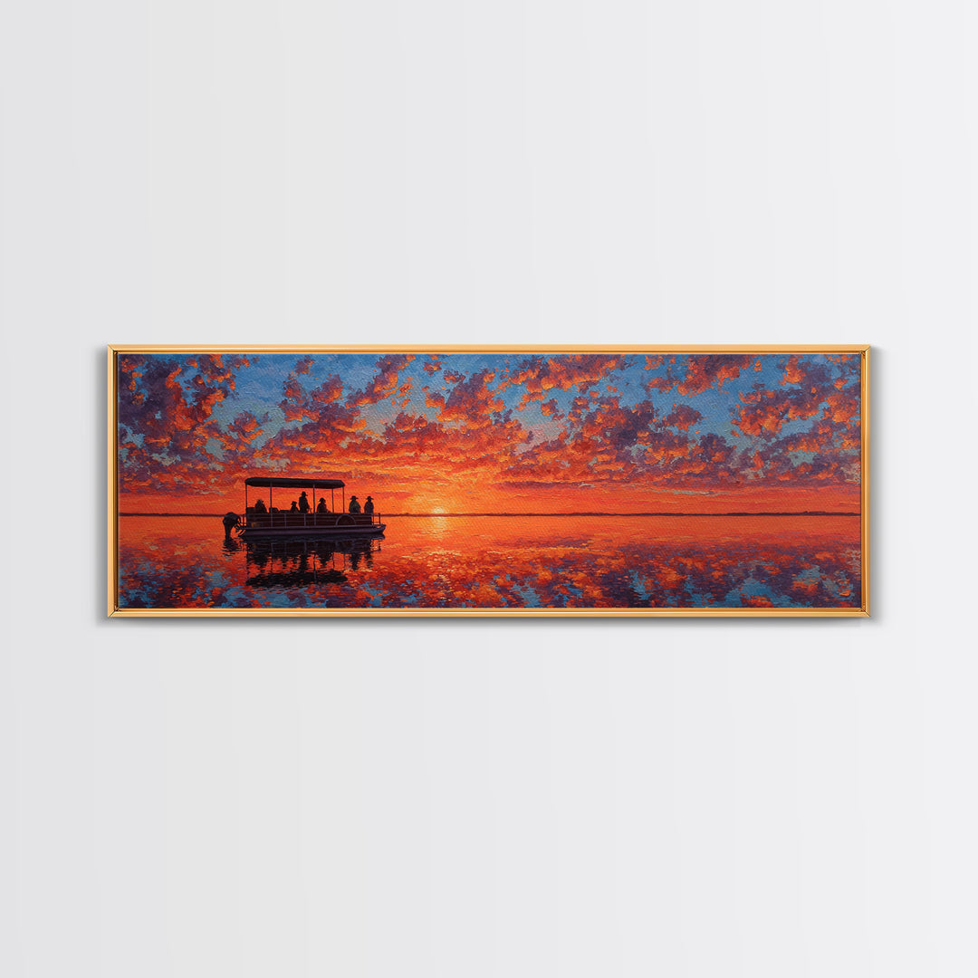 Pontoon Boat On Fiery Sunset Lake Wall Art, Orange Seascape Canvas Print, Nature Decor, Large Landscape Art, Gift For Her
