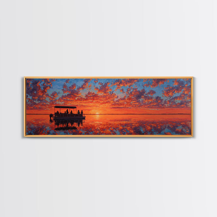 Pontoon Boat On Fiery Sunset Lake Wall Art, Orange Seascape Canvas Print, Nature Decor, Large Landscape Art, Gift For Her