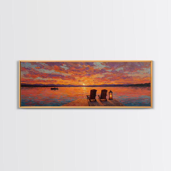 Sunset Dock With Adirondack Chairs Framed Canvas Print, Lake House Wall Art, Colorful Seascape Decor, Romantic Cabin Gift